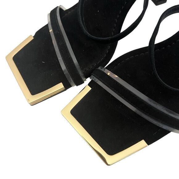 GOOD AMERICAN Velvet Strappy Heels Gold Square Toe Accent - Picture 2 of 7